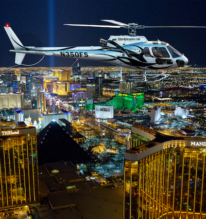 Self drive or Uber/Lyft to the 5 Star Heli-Port located minutes away from the Las Vegas Resort hotels for your Las Vegas helicopter night Strip flight tour. 